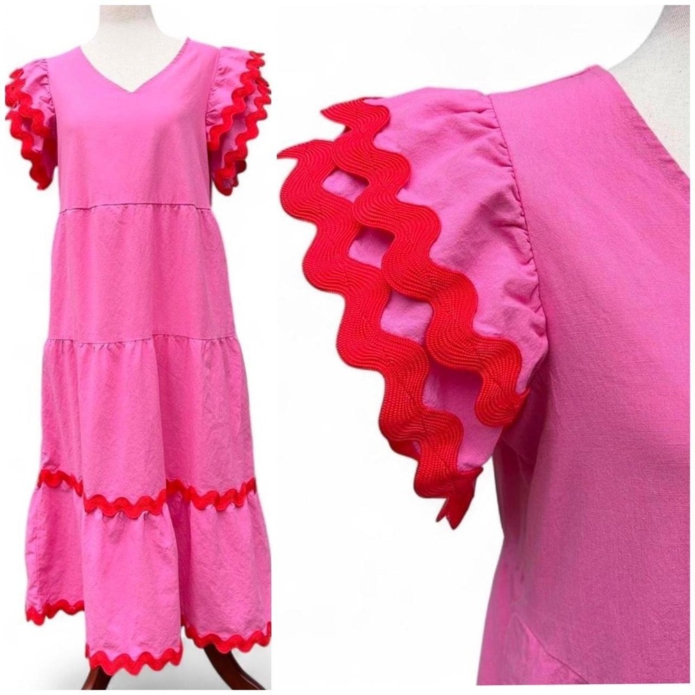 Zesica pink and red tiered ric-rac midi dress. Size Medium